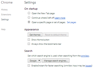 Chrome Settings Start Up Search Engines