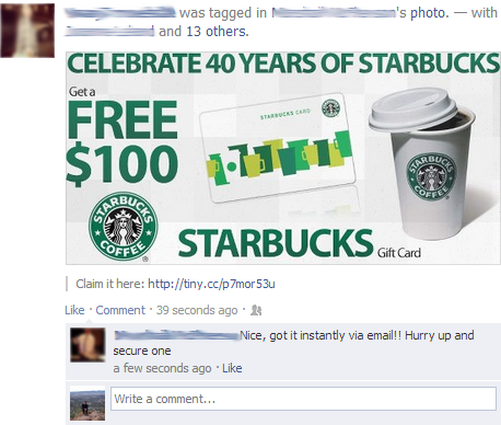 Celebrate 40 years of Starbucks Facebook Gift Card Scam