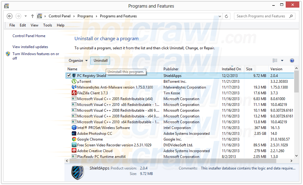 uninstall PC Registry Shield by ShieldApps