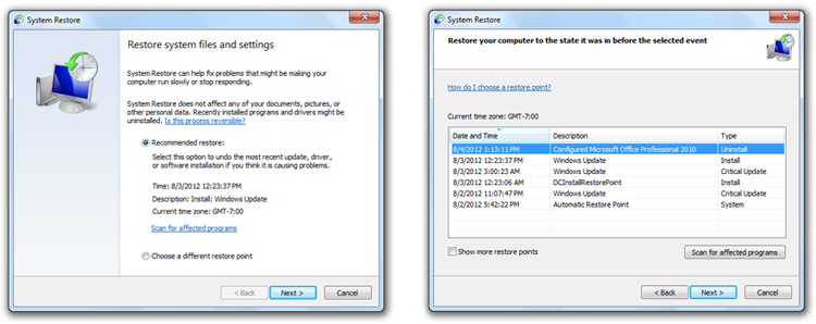 Windows Recommended Restore And Choose A Restore Point