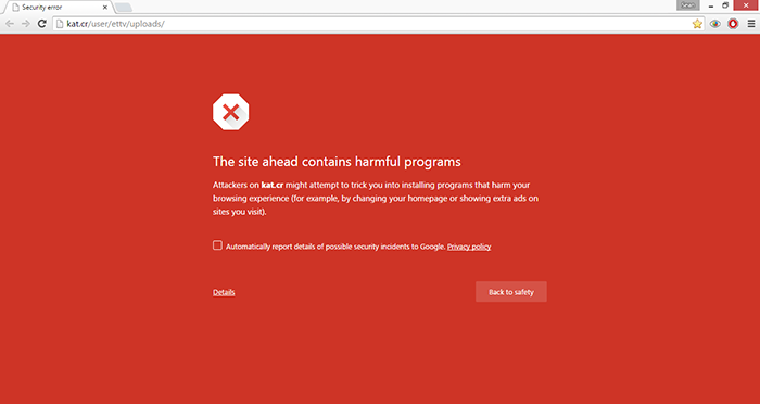 Google Chrome blocks kat.cr again due to harmful programs