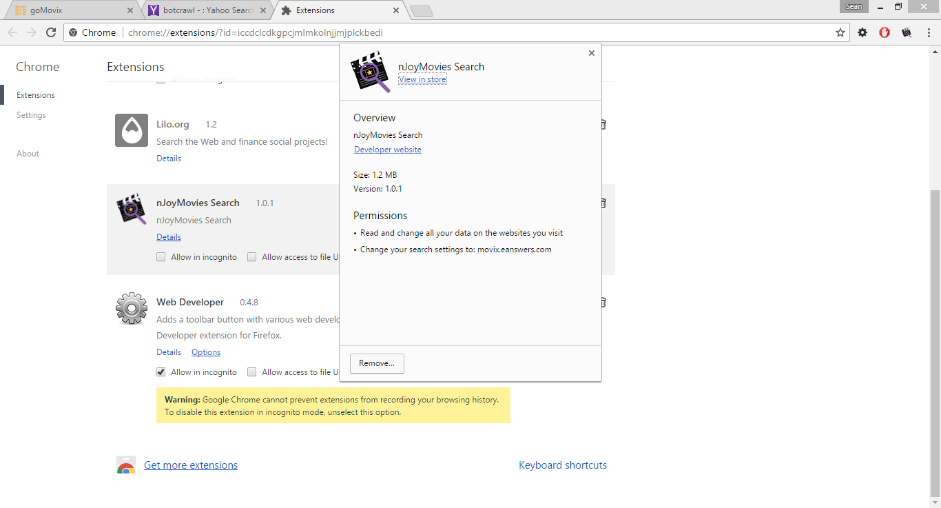 nJoyMovies Search extension