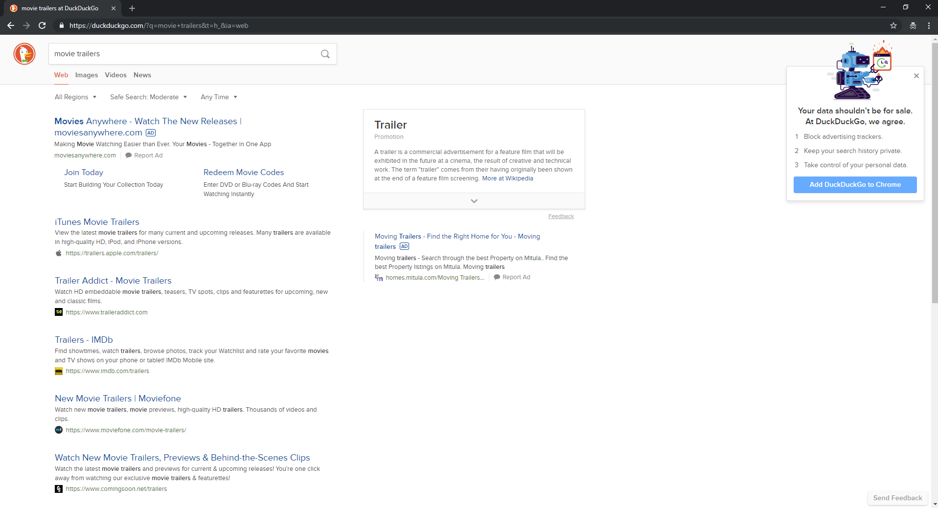 duckduckgo movie trailers search