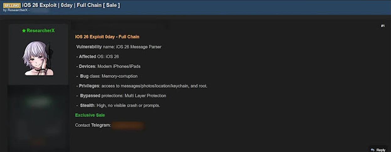 iOS 26 Zero Day sale on dark web