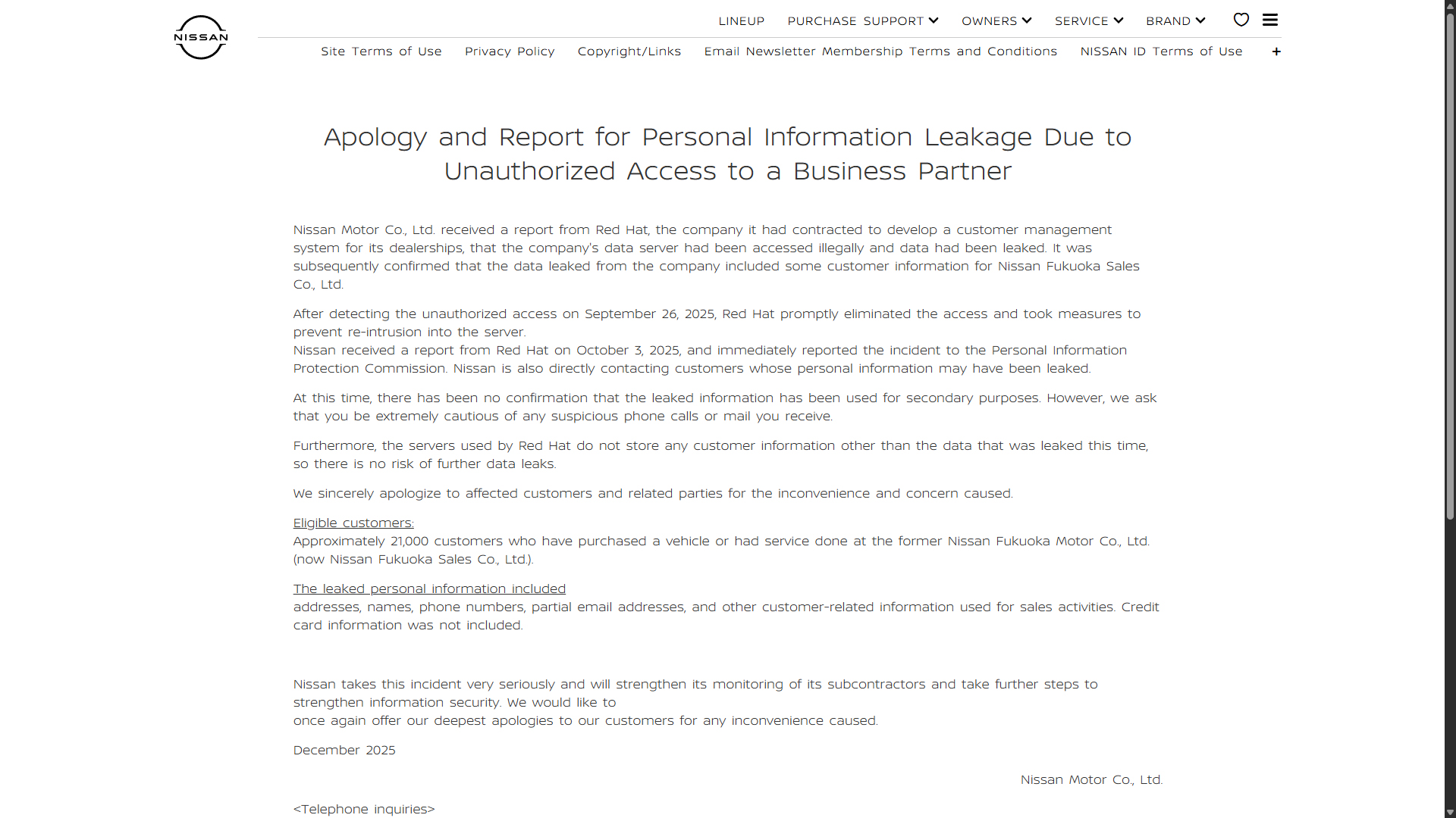nissan personal information leakage