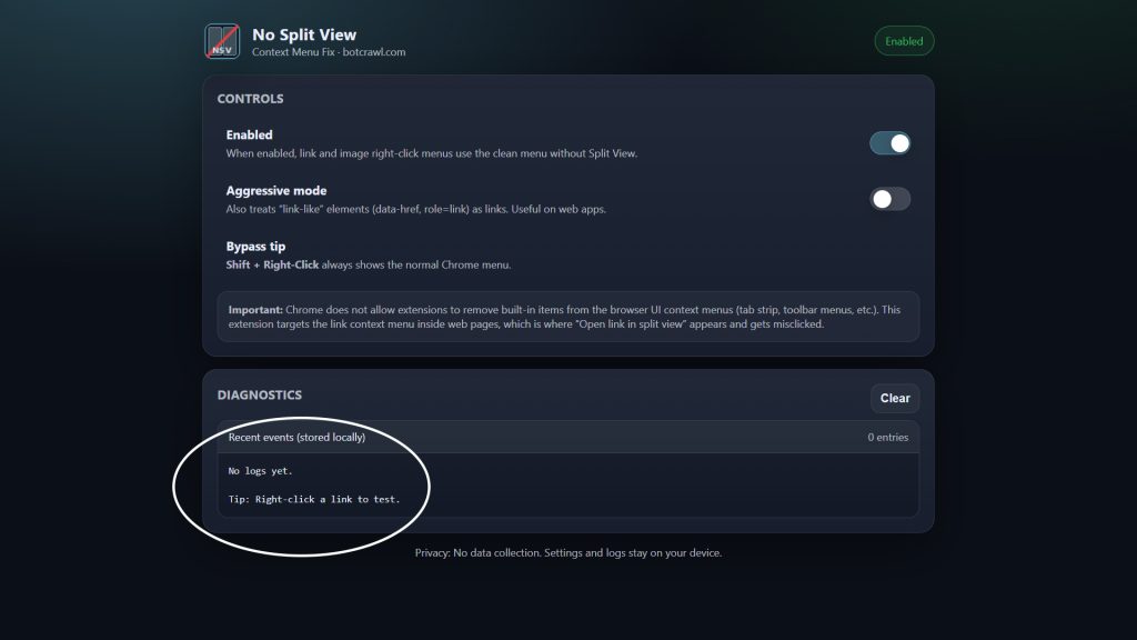 No Split View: Remove from Right Click 8 no split view options no logs