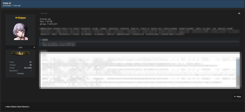 rizee.in data breach listing
