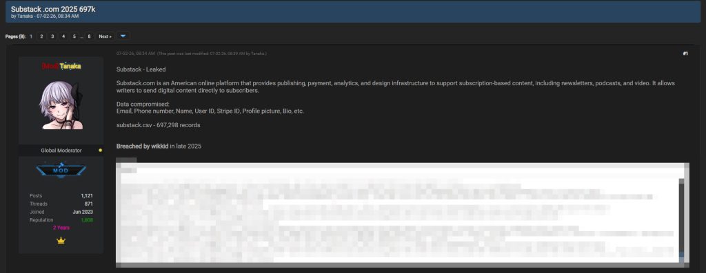 Substack Leak Exposes 697,298 User Records on Dark Web 2 substack.com 2025 697k leak