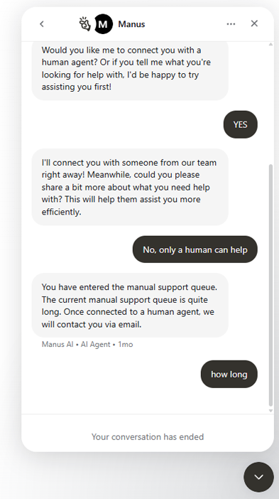 manus ignores chat messages
