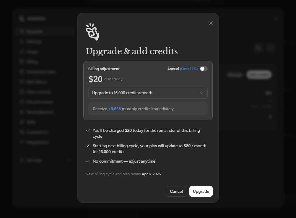upgrade and add credits manus