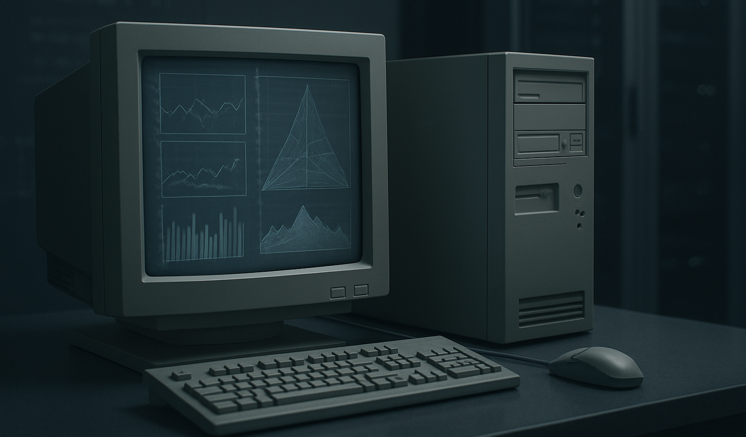 Old engineering workstation with abstract simulation data representing fast16 malware targeting Windows engineering software
