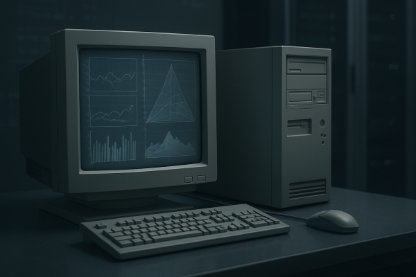 Old engineering workstation with abstract simulation data representing fast16 malware targeting Windows engineering software