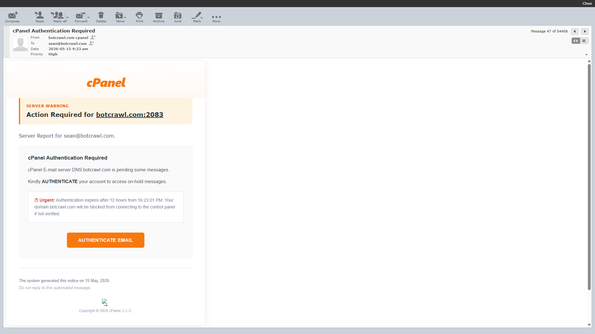 fake cpanel email